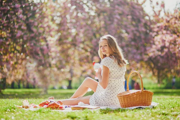 Beautiful young woman having picnic — Stock Photo, Image