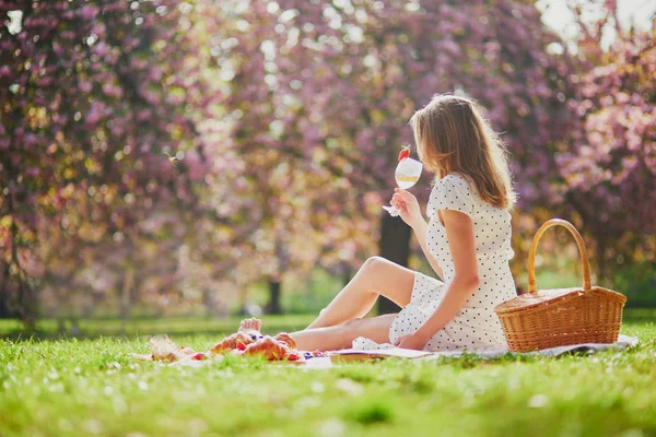 Güzel genç kadın piknik yapıyor — Stok fotoğraf