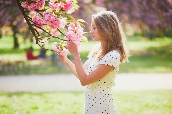 Jonge vrouw geniet van haar wandeling in het park tijdens kersenbloesem seizoen op een mooie lentedag — Stockfoto
