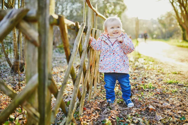 Jedna letá dívka stála vedle dřevěného plotu v parku. — Stock fotografie