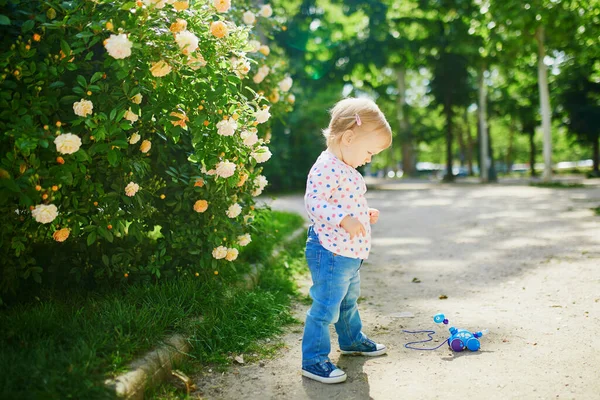 Entzückendes Kleines Mädchen Freien Park Einem Sonnigen Tag Kleinkind Spielt — Stockfoto