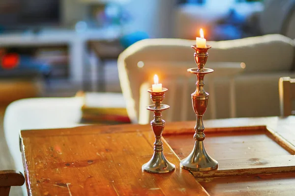 Two Candles Table Beautiful Evening Light — Stock Photo, Image