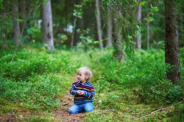 Adorable Baby Girl Forest Sitting Ground Playing Pine Cones Little — Stock Photo, Image