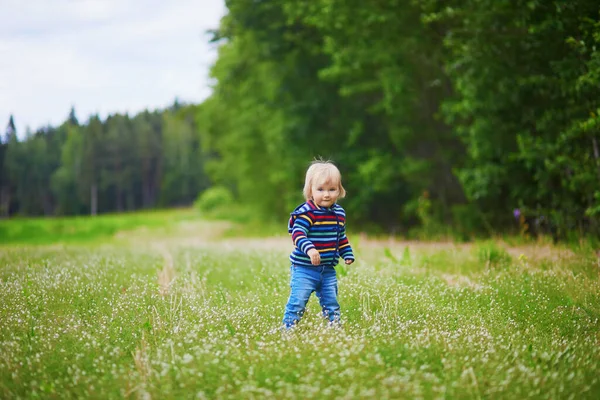 Adorable Baby Girl Walking Green Field Forest Little Child Having — Stock Photo, Image