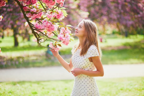 Hermosa Joven Mujer Disfrutando Paseo Parque Durante Temporada Flores Cerezo —  Fotos de Stock