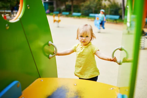 Adorable Little Girl Playground Sunny Day Toddler Playing Slide Outdoor — Stock Photo, Image