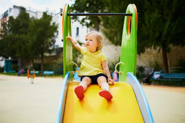 Adorable Little Girl Playground Sunny Day Toddler Playing Slide Outdoor — Stock Photo, Image