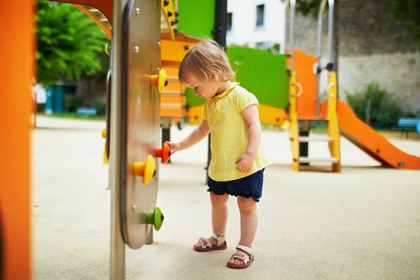 Adorable Toddler Girl Playground Slide Child Playing Street Outdoor Activities — Stock Photo, Image