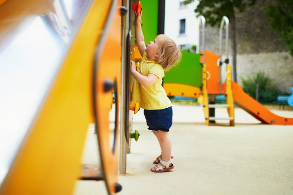 Adorable Toddler Girl Playground Slide Child Playing Street Outdoor Activities — Stock Photo, Image