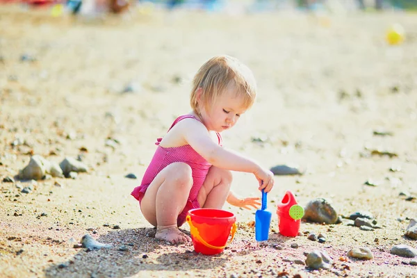 Adorable Toddler Girl Playing Sand Beach Child Spending Vacation Atlantic Stock Image