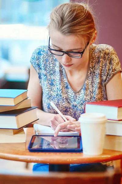 Student Tablet Books Papers Studying Home Quarantine Closed Schools Offices — Stock Photo, Image