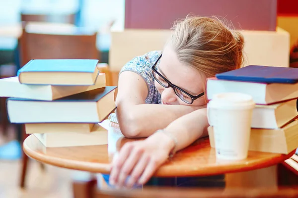 Exhausted Student Books Papers Studying Home Quarantine Closed Schools Offices — Stock Photo, Image