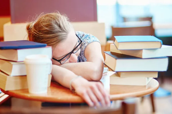 Exhausted Student Books Papers Studying Home Quarantine Closed Schools Offices — Stock Photo, Image