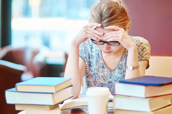 Exhausted Student Books Papers Studying Home Quarantine Closed Schools Offices — Stock Photo, Image