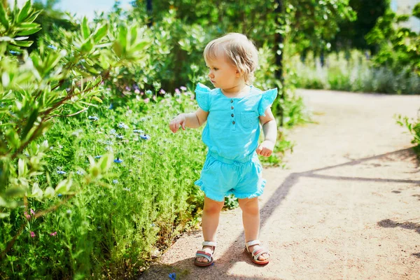 Adorable Little Girl Outdoors Park Sunny Day Toddler Looking Flowers — Stock Photo, Image