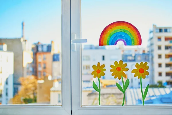 Colorful Rainbow Yellow Flowers Painted Window Glass Parisian Apartment View — Stock Photo, Image