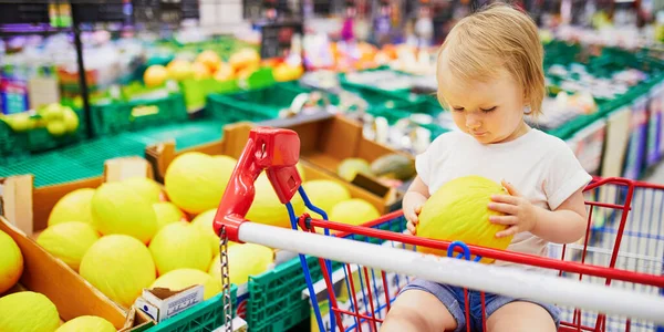 Очаровательная Девочка Сидит Корзине Продуктовом Магазине Супермаркете Малыш Ходит Магазинам — стоковое фото