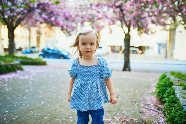 Fröhliches Zweijähriges Mädchen Hat Spaß Park Mit Blühenden Kirschblütenbäumen Paris — Stockfoto