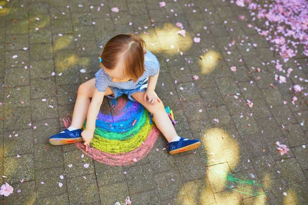 Adorable Toddler Girl Drawing Rainbow Colorful Chalks Asphalt Outdoor Activity — Stock Photo, Image