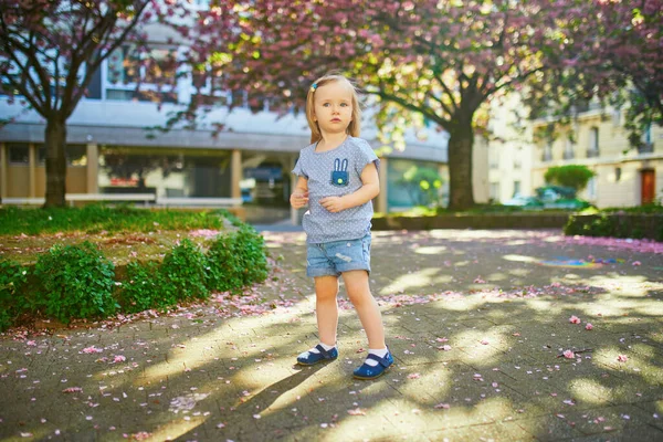 Menina Alegre Dois Anos Divertindo Parque Com Árvores Florescentes Cerejeira — Fotografia de Stock