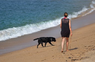 Kadın ve köpek sahil boyunca yürüyor.