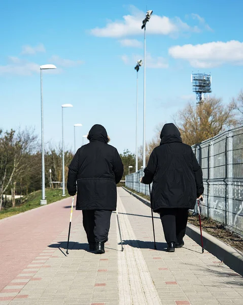 Duas mulheres mais velhas com paus nórdicos . — Fotografia de Stock