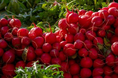 İtalya 'da bir sokak pazarında bir sürü turp var..