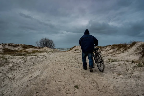 一个骑自行车穿过沙丘走到海滨的成年人 — 图库照片