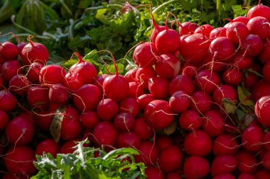 İtalya 'da bir sokak pazarında bir sürü turp var..