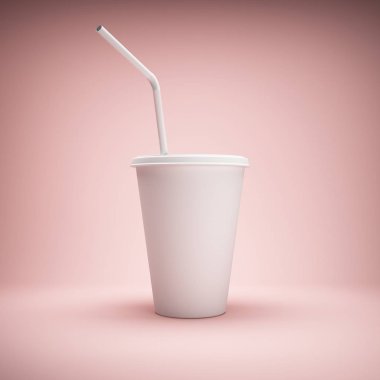 Saman, pembe arka plan içme ile beyaz kağıt bardak. 3D çizim.