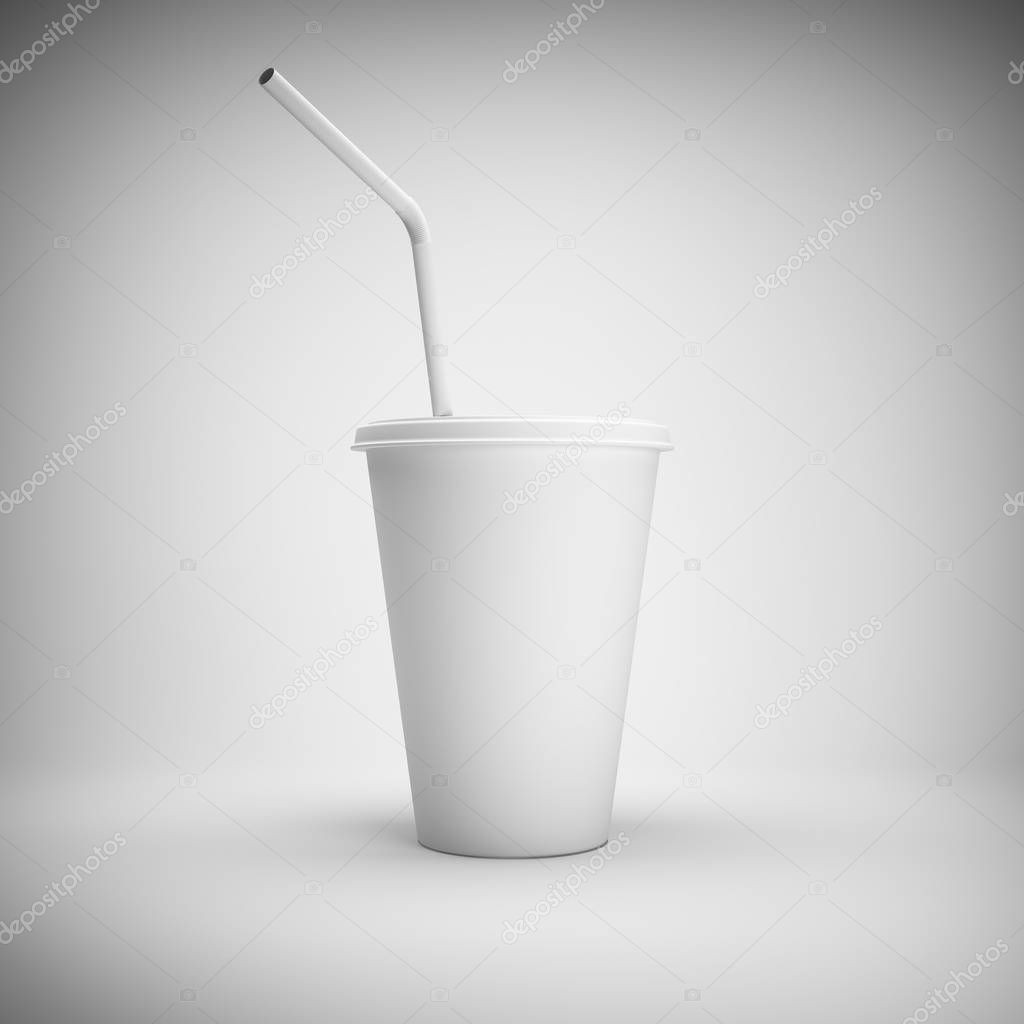 White paper cup with drinking straw on white background. 3D illustration.