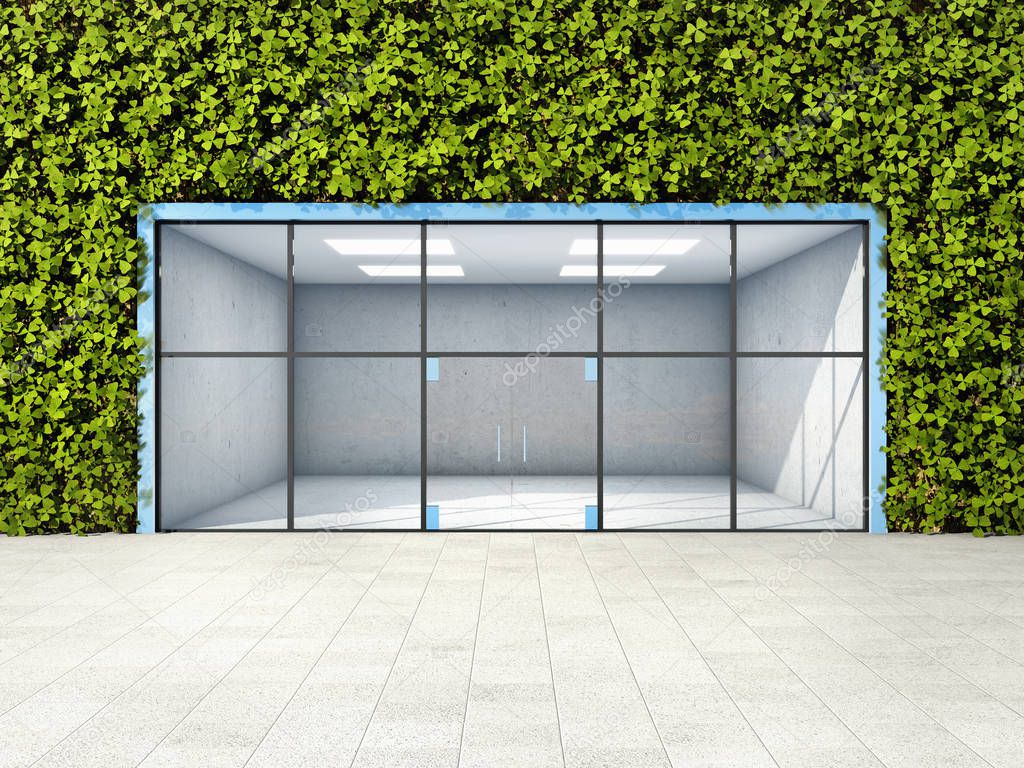 Large shop window in wall with vertical garden. 3D illustration.