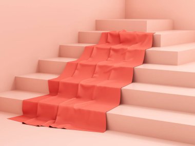 Ürün için ayakta durun, kumaşlı adımlar, pembe renkler, 3D illüstrasyon, canlandırma.