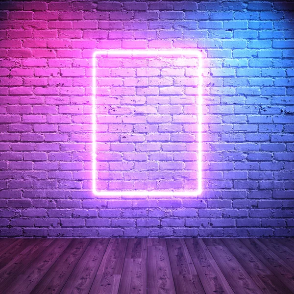 Tuğla Duvarın Arkaplanındaki Neon Çerçeve Arka Fonda Retro Tarzı Boyutlu — Stok fotoğraf