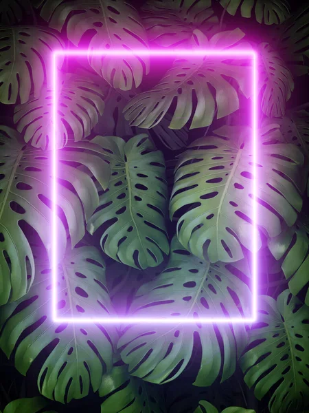 Vertical Garden Palm Leaves Neon Frame Green Background Illustration Rendering — 스톡 사진