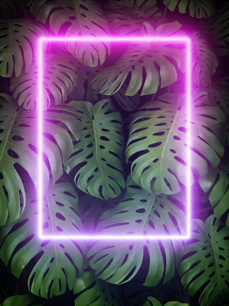 Vertikální Zahrada Palmových Listů Neonového Rámu Zeleném Pozadí Ilustrace Vykreslování Stock Snímky