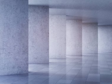 Modern beton salonun mimari tasarımı, 3 boyutlu illüstrasyon, tasarım.