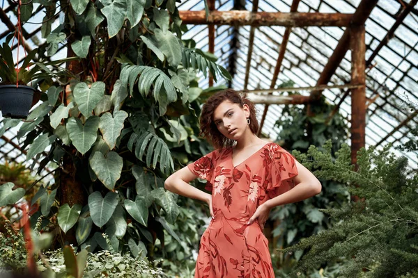 Krásná Modelka Botanické Zahradě Módní Styl Make Upem Červenými Šaty Royalty Free Stock Obrázky