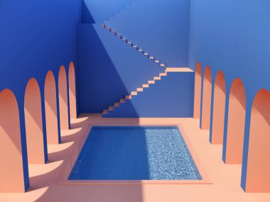 Salonda yüzme havuzu, sütunlar ve merdivenler, turuncu ve mavi renkler, kavramsal sanat, 3D çizim,.