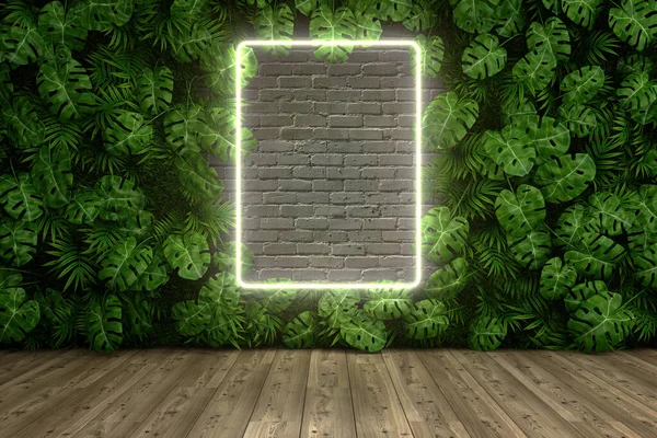 Vertical Garden Palm Leaves Neon Frame Brick Wall Illustration Rendering — Stock Photo, Image