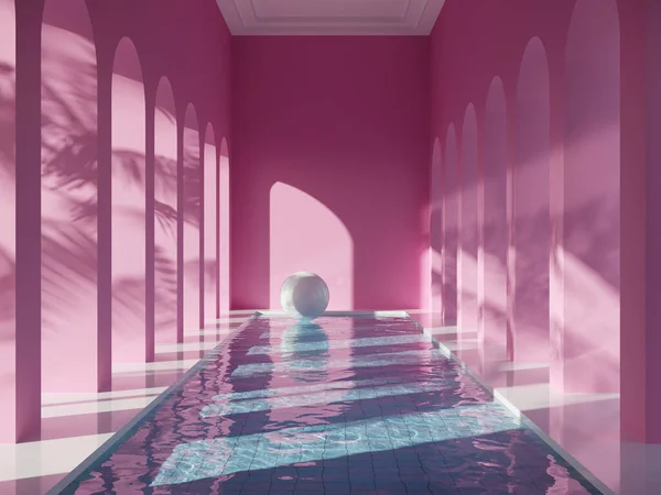 ピンク色 コンセプチュアルアート 3Dイラスト レンダリングとホールでのスイミングプール — ストック写真