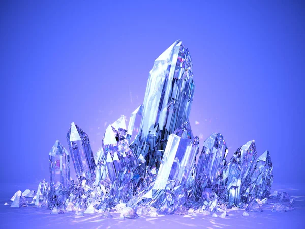 Wunderschön Leuchtendes Helles Quarzkristall Makro Auf Blauem Hintergrund Illustration Rendering — Stockfoto