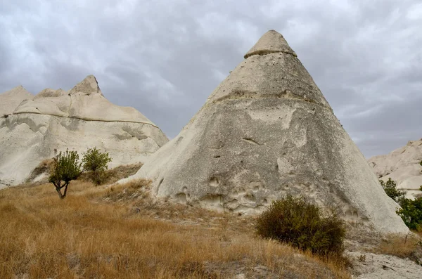 Famous Cappadocian landmark - volcanic rock cones, Love Valley, Turkey, Central Anantolia, Europe — стоковое фото