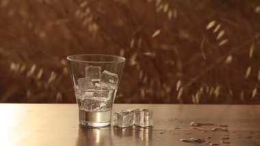 Gün batımı Savanna arka plana karşı ahşap bir masada bir bardak maden suyu