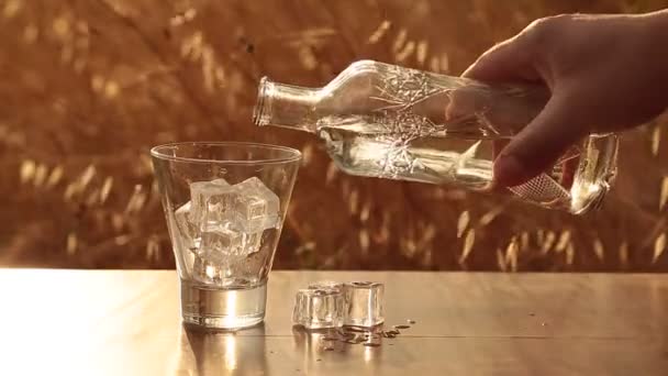 Segelas Air Mineral Atas Meja Kayu Dengan Latar Belakang Matahari — Stok Video