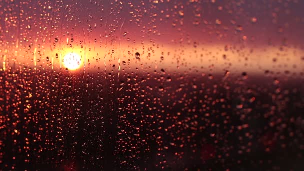 水滴在窗玻璃上的雨后 云与太阳在背景上天空 — 图库视频影像