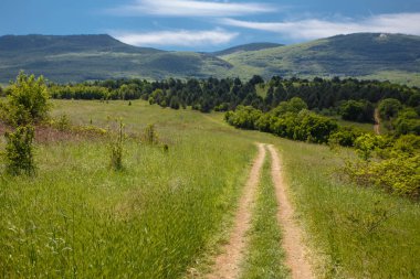 Yaz alan yol ve mavi gökyüzünde bulutlar ile.