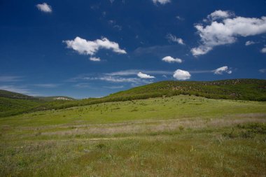 Yaz alan yol ve mavi gökyüzünde bulutlar ile.