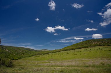 Yaz alan yol ve mavi gökyüzünde bulutlar ile.