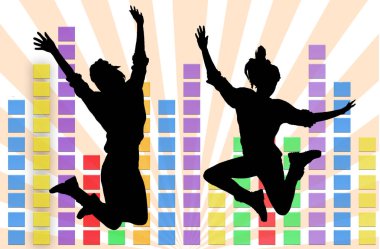 renkli müzik ekolayzır ve siluet kız atlama